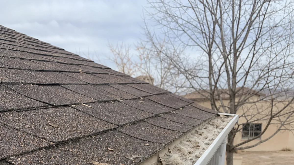 Roswell New Mexico high desert gutter packed with cottonwood fluff, dry leaves, and roof grit before monsoon rain
